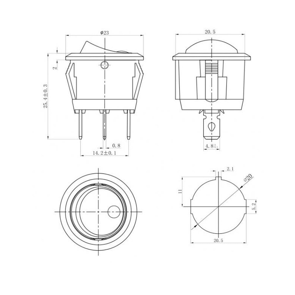 KFZ Wippschalter rund 1-Polig 3-Kont. LED blau 12V 24V 20A Ein/Aus 20mm Schwarz