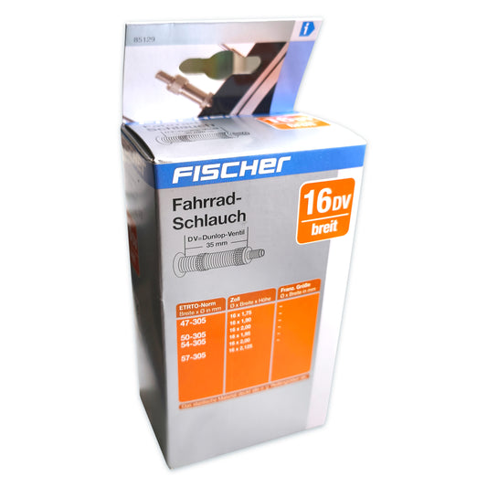 Verpackung vom Fischer Fahrradschlauch 16 Zoll mit Dunlop-Ventil auf weißem Hintergrund.