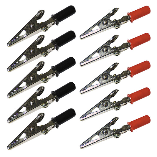 10x Krokodilklemmen Schwarz Rot gemischt 55mm isoliert 4mm-Bananenstecker-Buchse