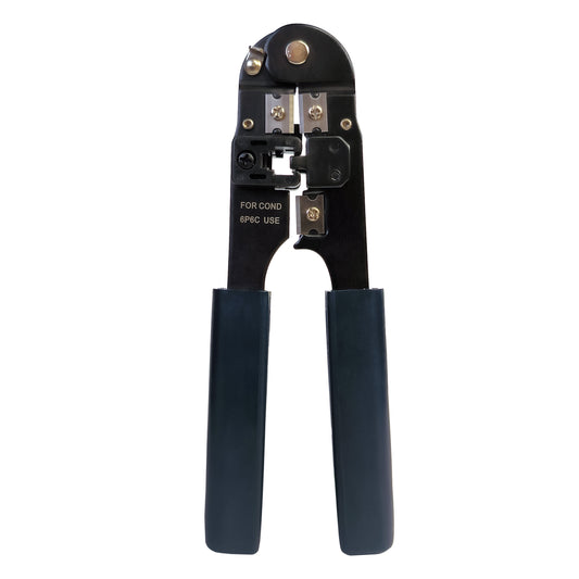 Modular-Crimpzange für 6 Western-Stecker aus Metall auf weißem Hintergrund