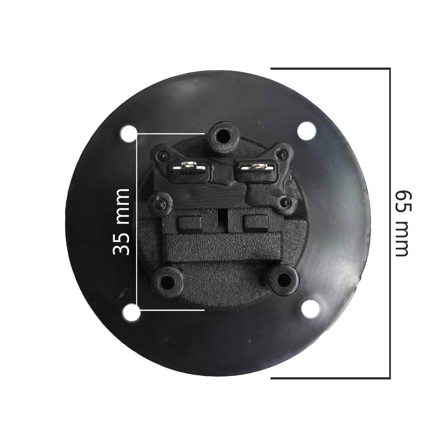 Lautsprecher Anschluss Terminal rund von der Rückseite mit Abmessungen. Gesamtdurchmesser 65mm, Lochkreisdurchmesser 35mm