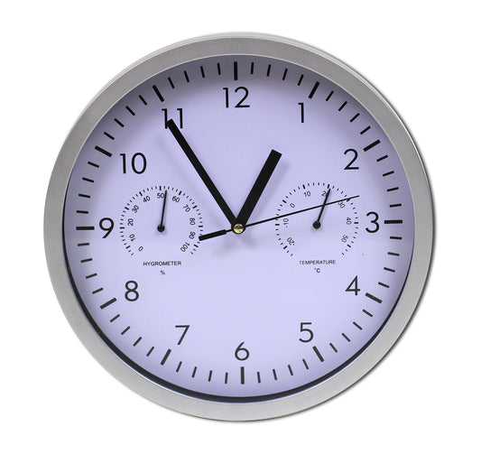 Design Wanduhr weißes Ziffernblatt Thermometer Hygrometer Büro Bahnhofs Uhr