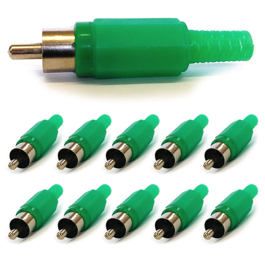 10x Cinch Stecker Grün auf weißem Hintergrund