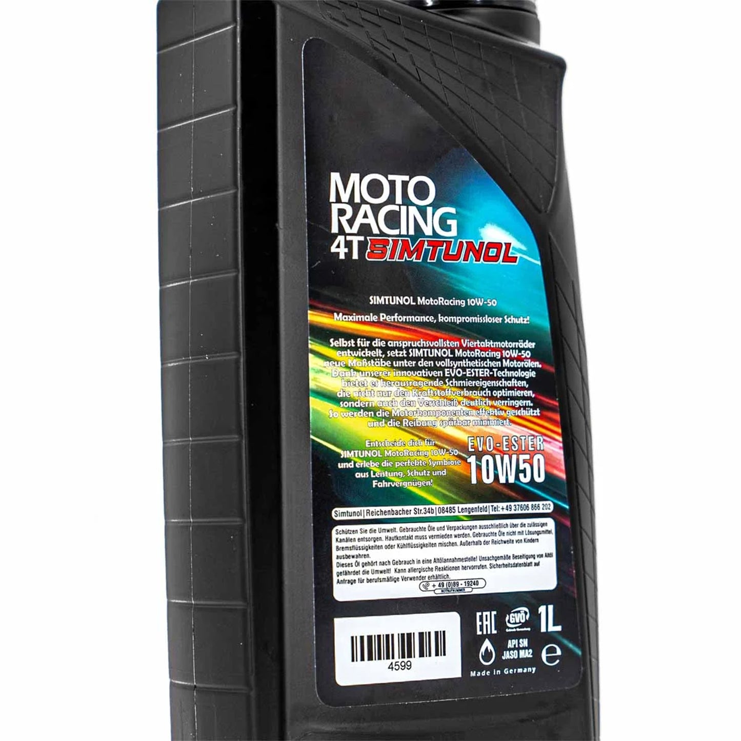 Detailaufnahme der Verpackung: SIMTUNOL MotoRacing 10W-50 Hochleistungsöl für 4-Takt-Motoren 1L