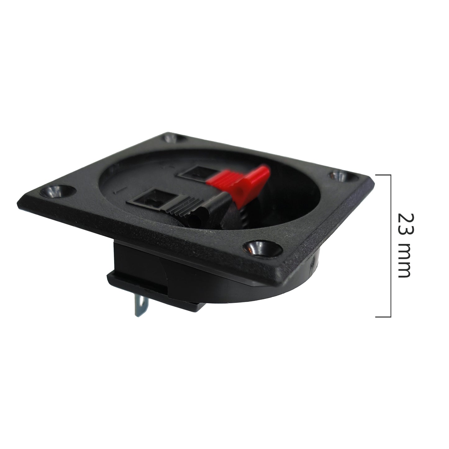 Seitenansicht des Lautsprecher-Terminals zur Darstellung der Einbautiefe von ca. 23 mm, ideal zur Planung von Einbauprojekten.