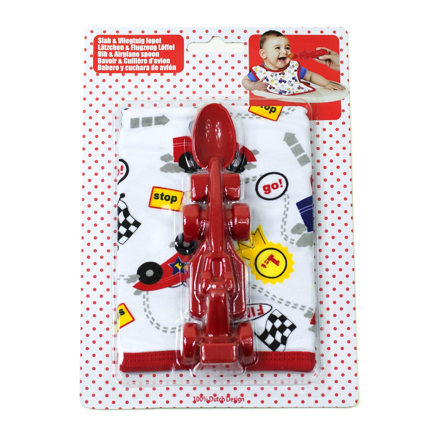 Baby Lätzchen + Rennwagen Löffel in Rot Blau Geschenk Set Jungen Mädchen