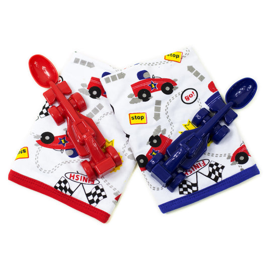Baby Lätzchen + Rennwagen Löffel in Rot Blau Geschenk Set Jungen Mädchen
