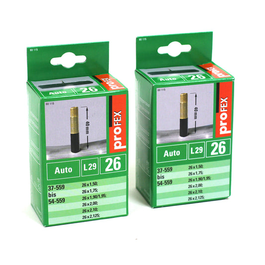 Die zwei Verpackungen vom Doppelset Fahrradschlauch 26 Zoll.