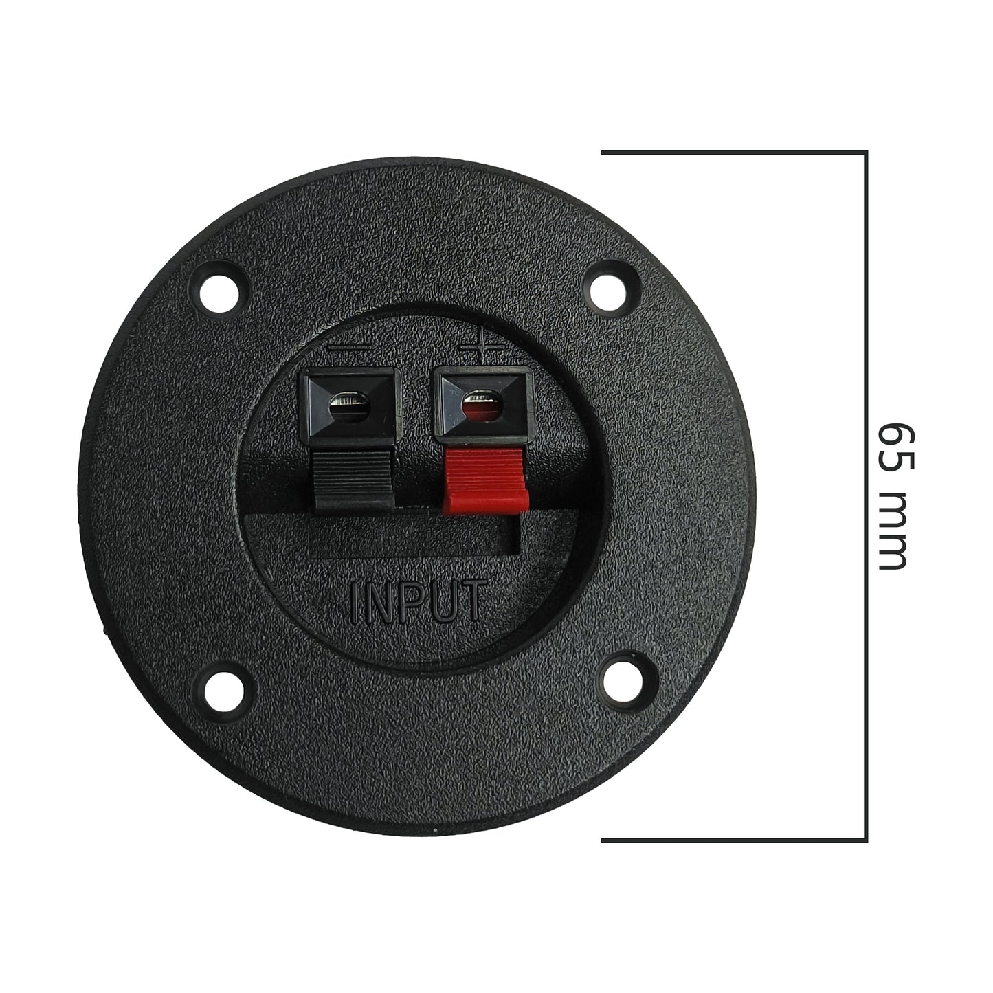 Lautsprecher Anschluss Terminal rund von vorn mit Abmessungen. Gesamtdurchmesser 65mm