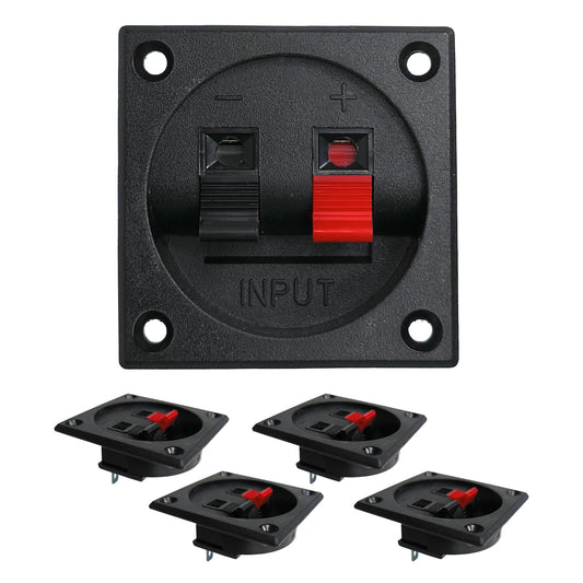 Vorderansicht eines eckigen Lautsprecher-Anschluss-Terminals mit zwei farbcodierten Klemmanschlüssen in Schwarz und Rot, inklusive vier weiterer Exemplare in der Seitenansicht.