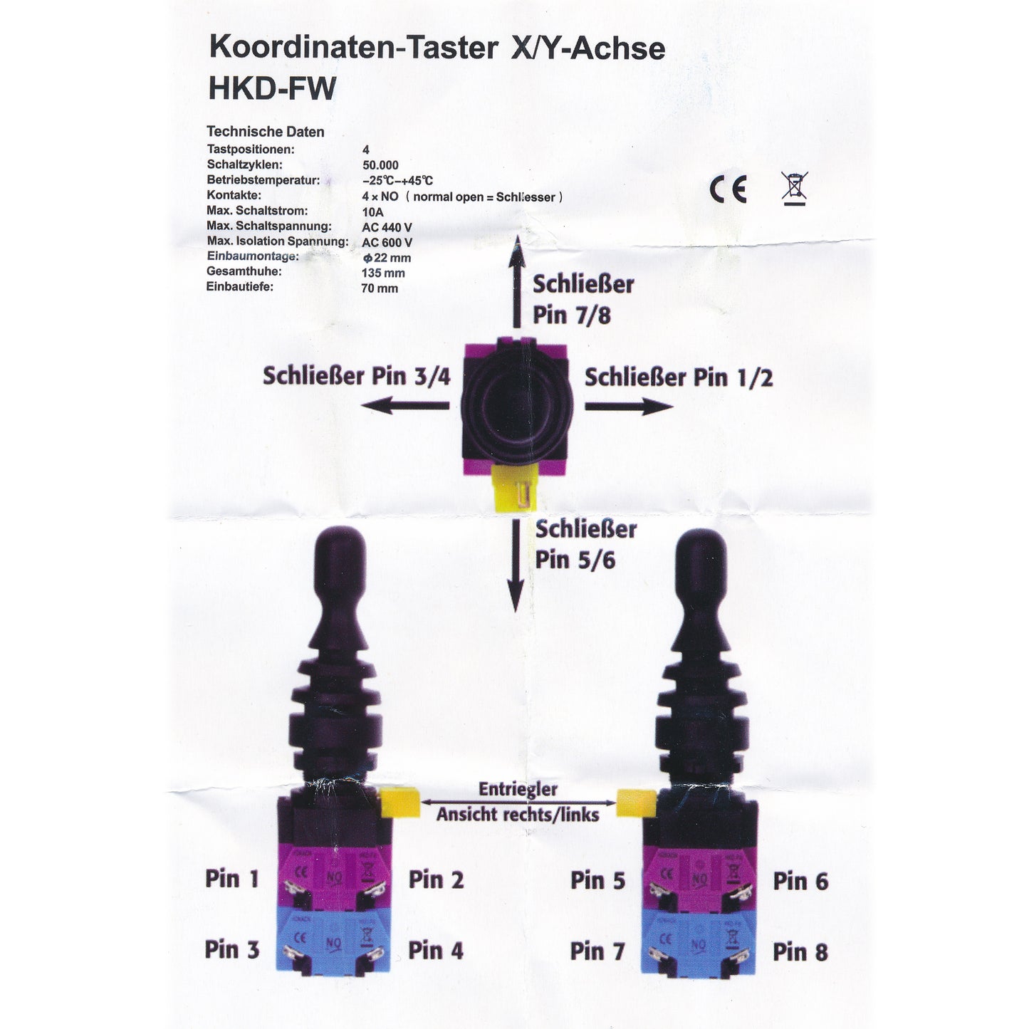 Koordinaten Schalter Y-Achse rastend Joystick 440V 10A 2-Polig 4-Kontakte AC/DC