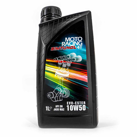 Verpackung von vorn: SIMTUNOL MotoRacing 10W-50 Hochleistungsöl für 4-Takt-Motoren 1L