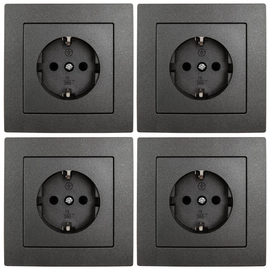 4x Schutzkontakt Steckdose m. Kindersicherung u. Rahmen anthrazit Unterputz 250V