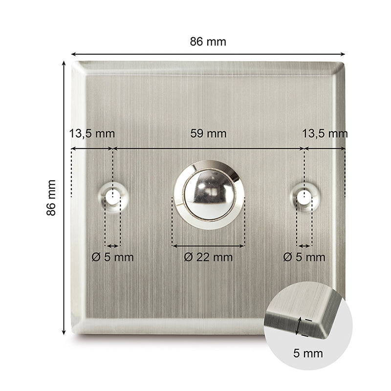 Türklingel mit Edelstahlplatte u. Taster in der Frontansicht mit allen Abmaßen