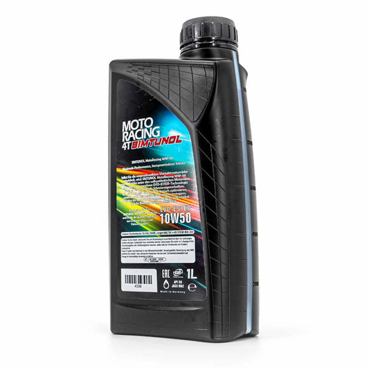 Verpackung von hinten: SIMTUNOL MotoRacing 10W-50 Hochleistungsöl für 4-Takt-Motoren 1L