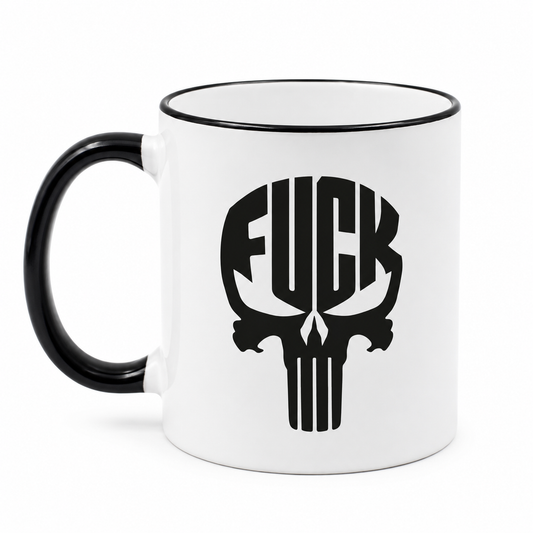 Tasse mit FUCK Skull Motiv, schwarzem Rand und schwarzem Henkel von der anderen Seite
