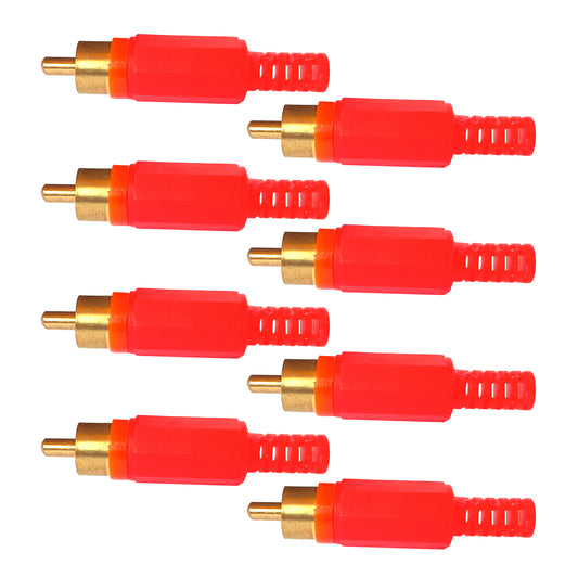 8 Stück Cinch Stecker in rot mit vergoldeten Kontakten.