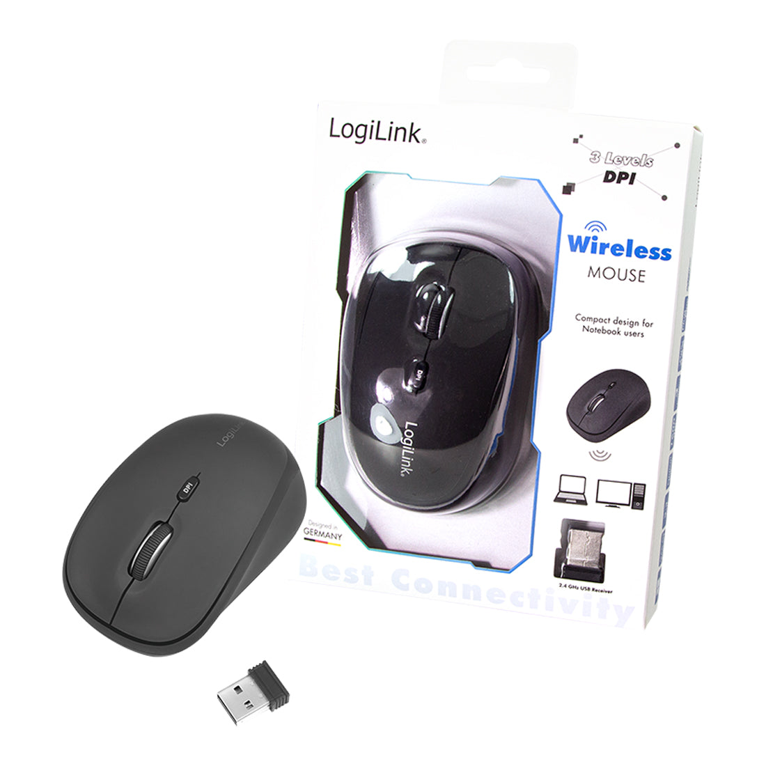 Funk Maus Ergonomisch LogiLink ID0193 USB 1600dpi PC Computer Laptop Mouse