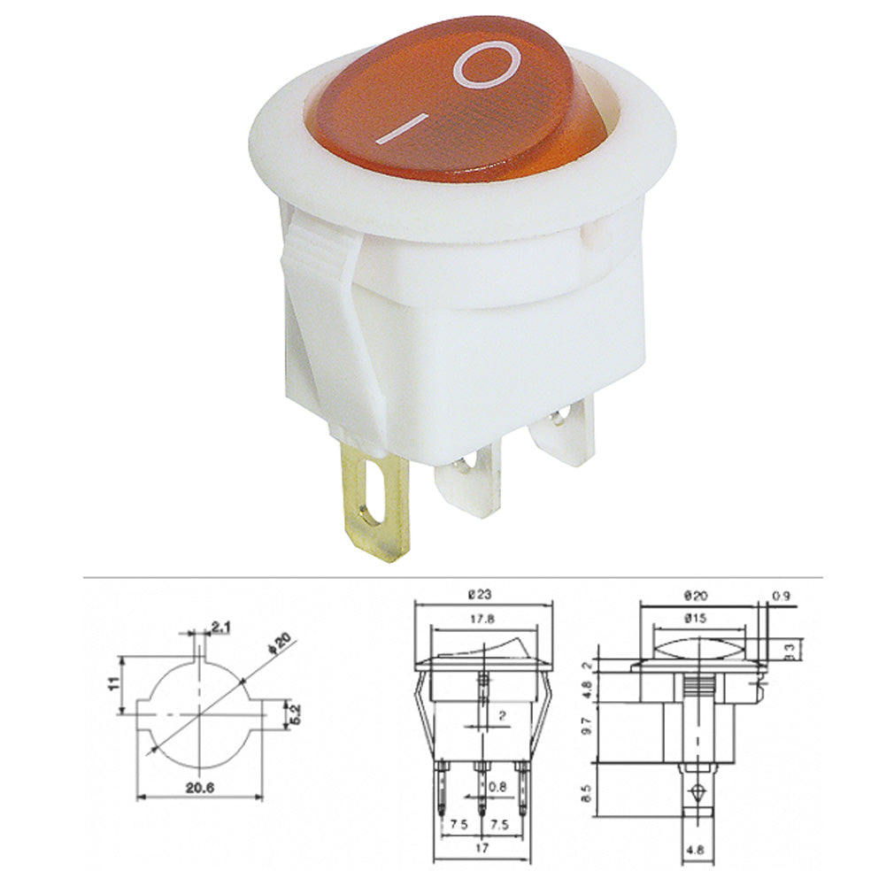 Wippenschalter rund 3-Pol. 1UM beleuchtet 250V 6A Ein/Aus 20mm Wippschalter Weiß