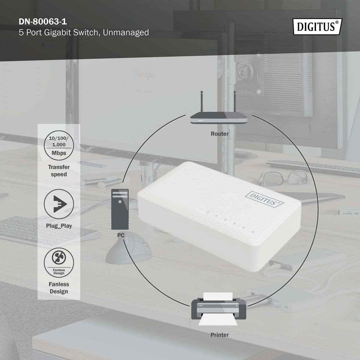 Gigabit Ethernet Switch Digitus 5-Port 10/100/1000 Netzwerk LAN Verteiler Hub