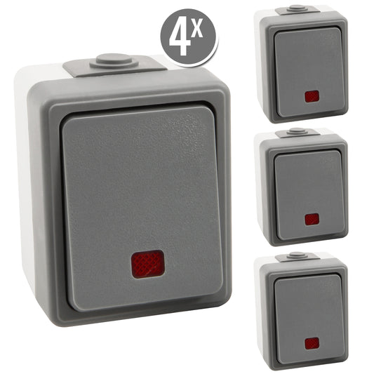 4x Feuchtraum Kontroll Schalter Spar Set LED IP44 Aufputz Taster 250V 10A Grau