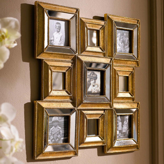 Edler Multi Bilderrahmen Goldglanz mit Spiegeln für 5 Bilder / Retro Design Gold