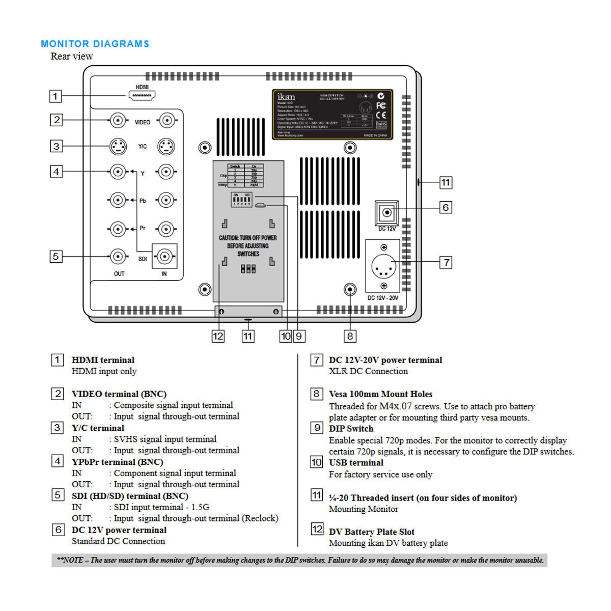 IKAN VX9 Fieldmonitor 9" inkl. SHX9 Blendenschutz und 3x Akkus BP-970G HD SDI