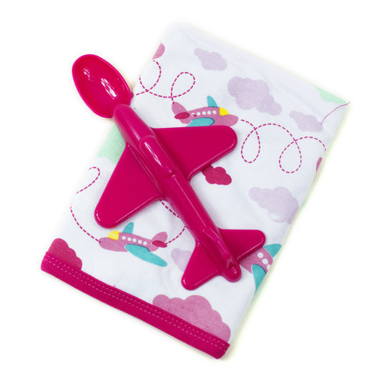 Baby Set Flugzeug Löffel mit Lätzchen Rot Jungen Mädchen Kinderbesteck Geschenk