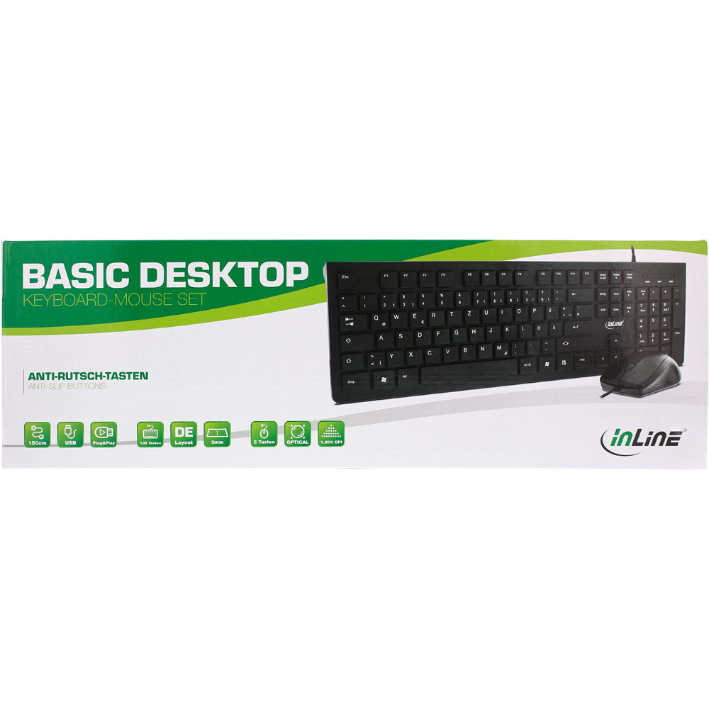 Desktop Tastatur Maus Set DE Schwarz 1200dpi InLine 55367 Bundle USB Optisch