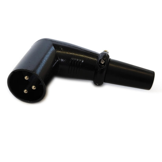 XLR Winkelstecker liegt auf der Seite, Kontakte links, Zugentlastung rechts