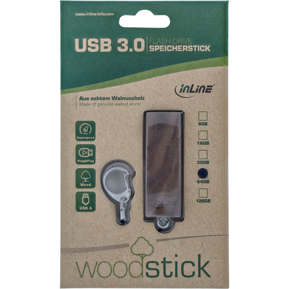 USB 3.0 Stick 64GB aus Walnuss Holz / InLine Woodstick / USB 2.0 kompatibel