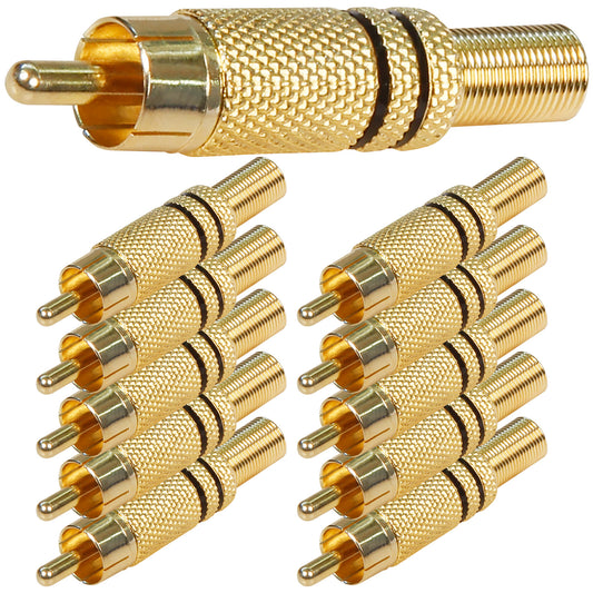 10x Cinch Stecker Vergoldet Schwarz Löten Knickschutz RCA HighEnd Audiostecker