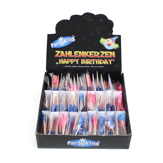Buchstaben Kerzen / 162 Stück im Display / Rot u. Blau + Happy Birthday Herzen