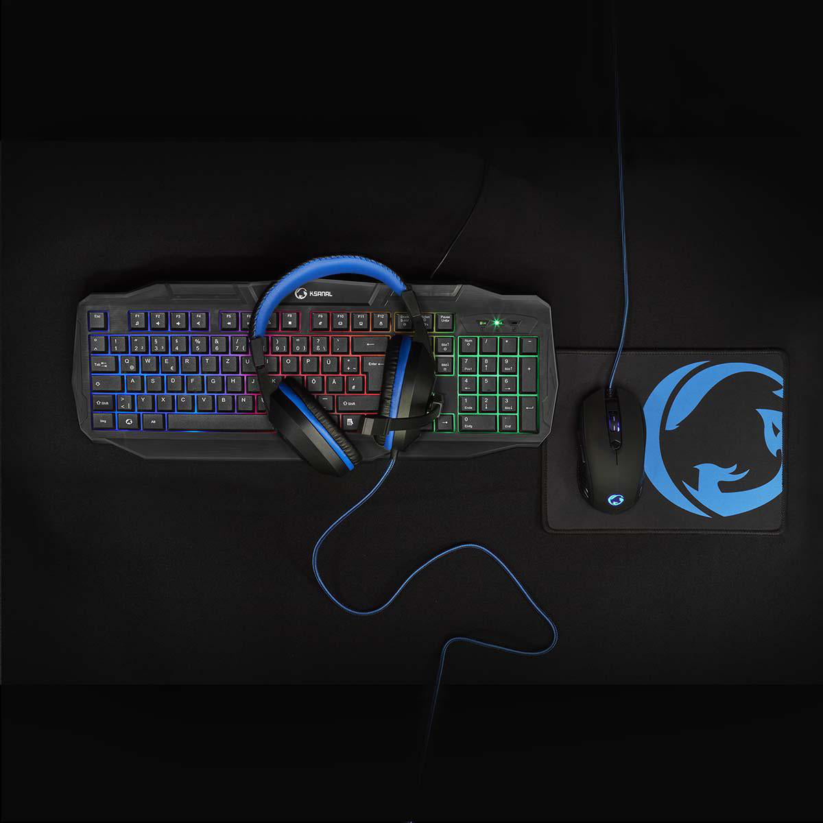 4in1 Gaming Set Tastatur Maus Headset Mauspad LED beleuchtet DE GamerKit 3200dpi