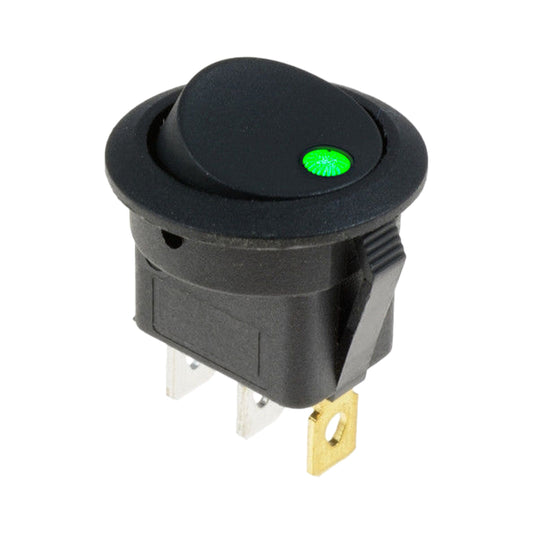 KFZ Wippschalter rund 1-Polig 3-Kont. LED grün 12V 24V 20A Ein/Aus 20mm Schwarz