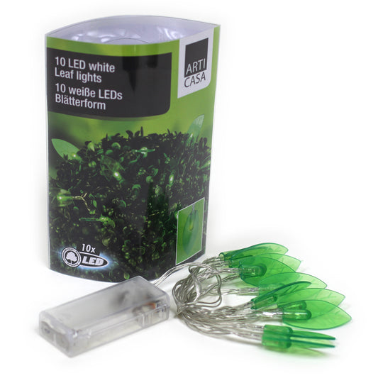 LED Lichterkette mit Batteriefach / Design: Blätter / 10 LED / Leuchtfarbe: Grün