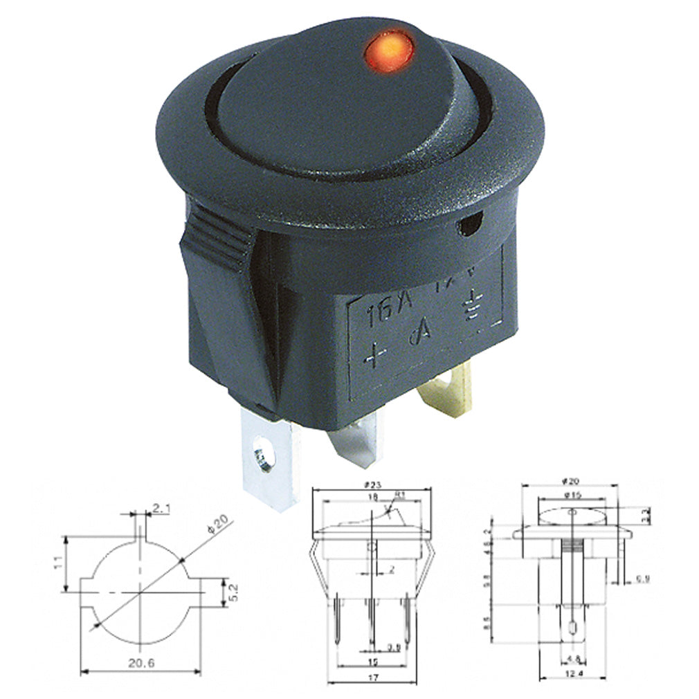 KFZ Schalter rund 3 Polig rote LED 12V 16A Ein/Aus 20mm Wippenschalter Schwarz