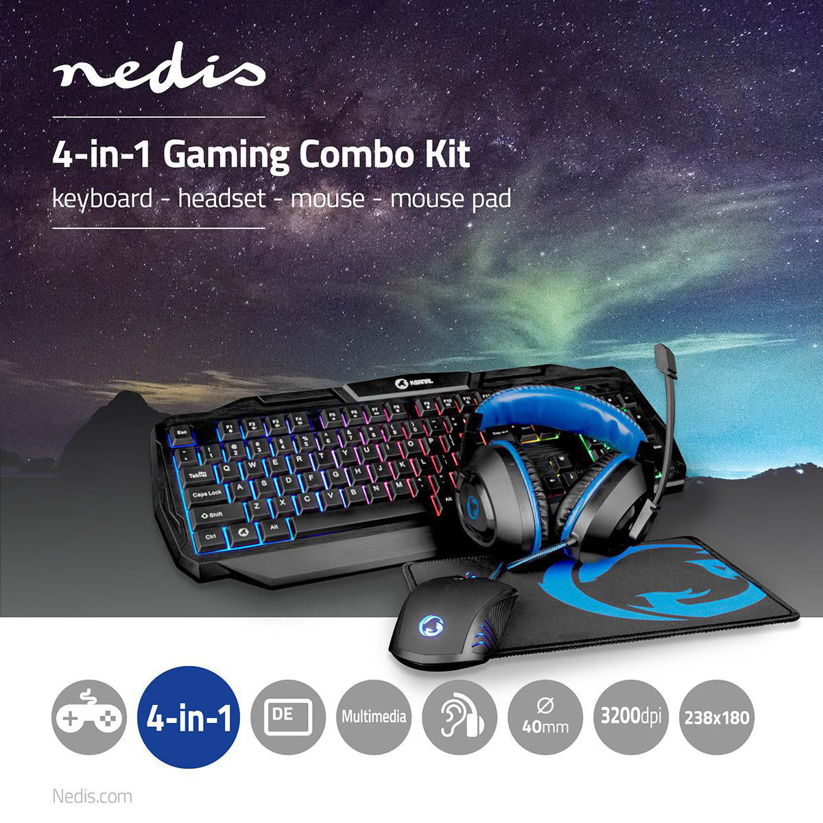 4in1 Gaming Set Tastatur Maus Headset Mauspad LED beleuchtet DE GamerKit 3200dpi