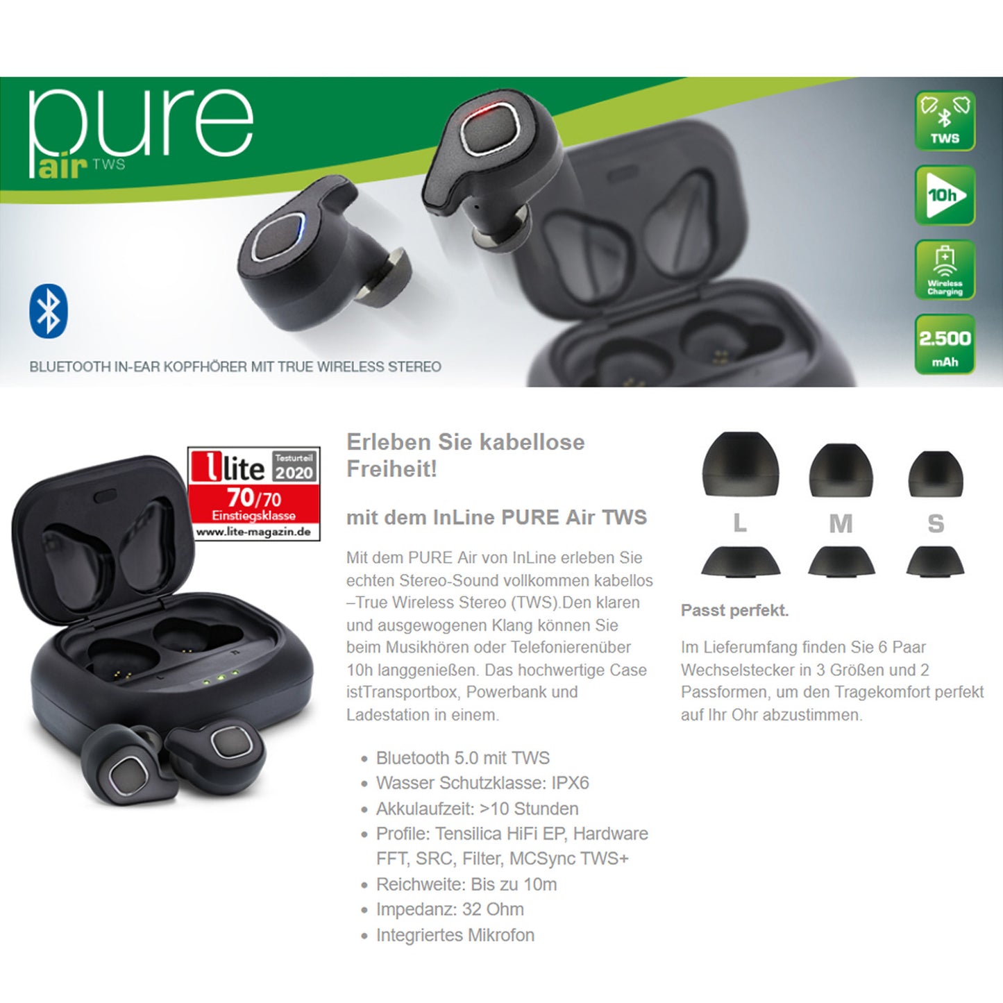 InLine PURE Air TWS Bluetooth In-Ear Kopfhörer Datenblatt