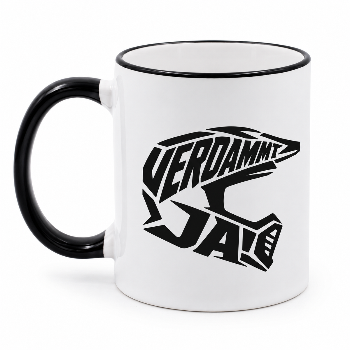 Tasse mit beidseitigem Verdammt ja Motocrosshelm Design aus linker Ansicht
