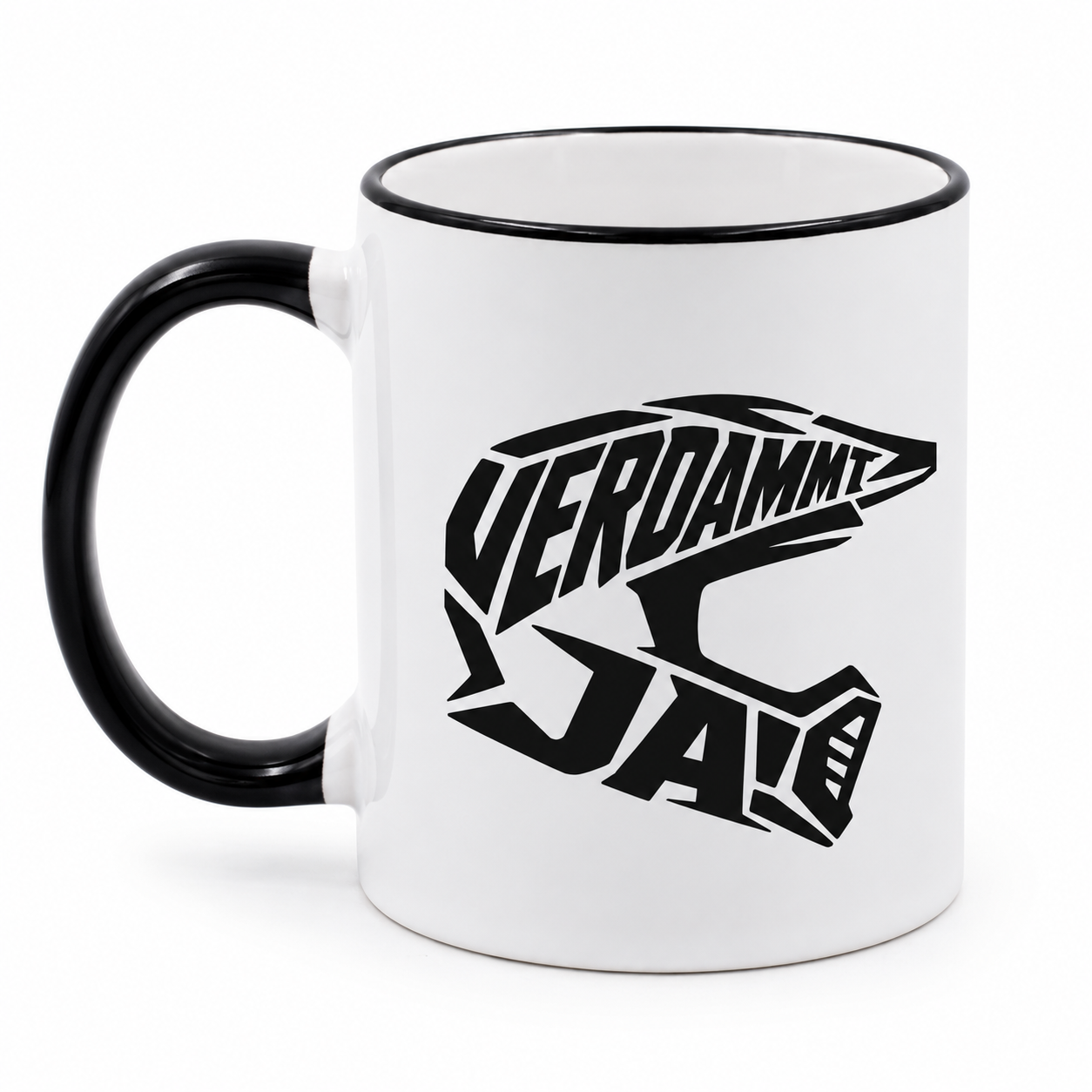 Tasse mit beidseitigem Verdammt ja Motocrosshelm Design aus linker Ansicht