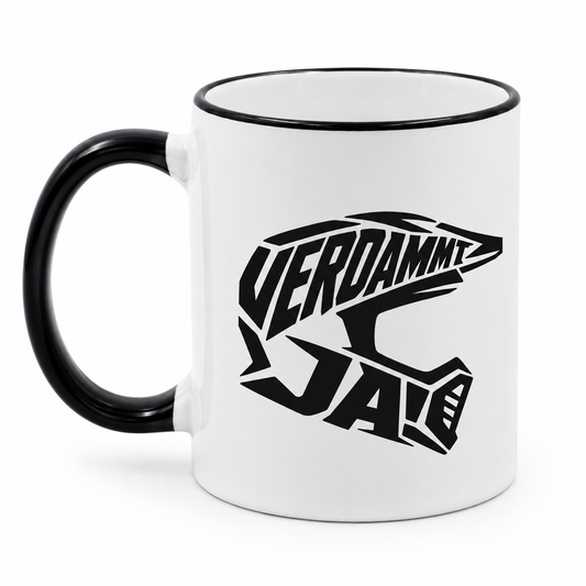 Tasse mit beidseitigem Verdammt ja Motocrosshelm Design aus linker Ansicht