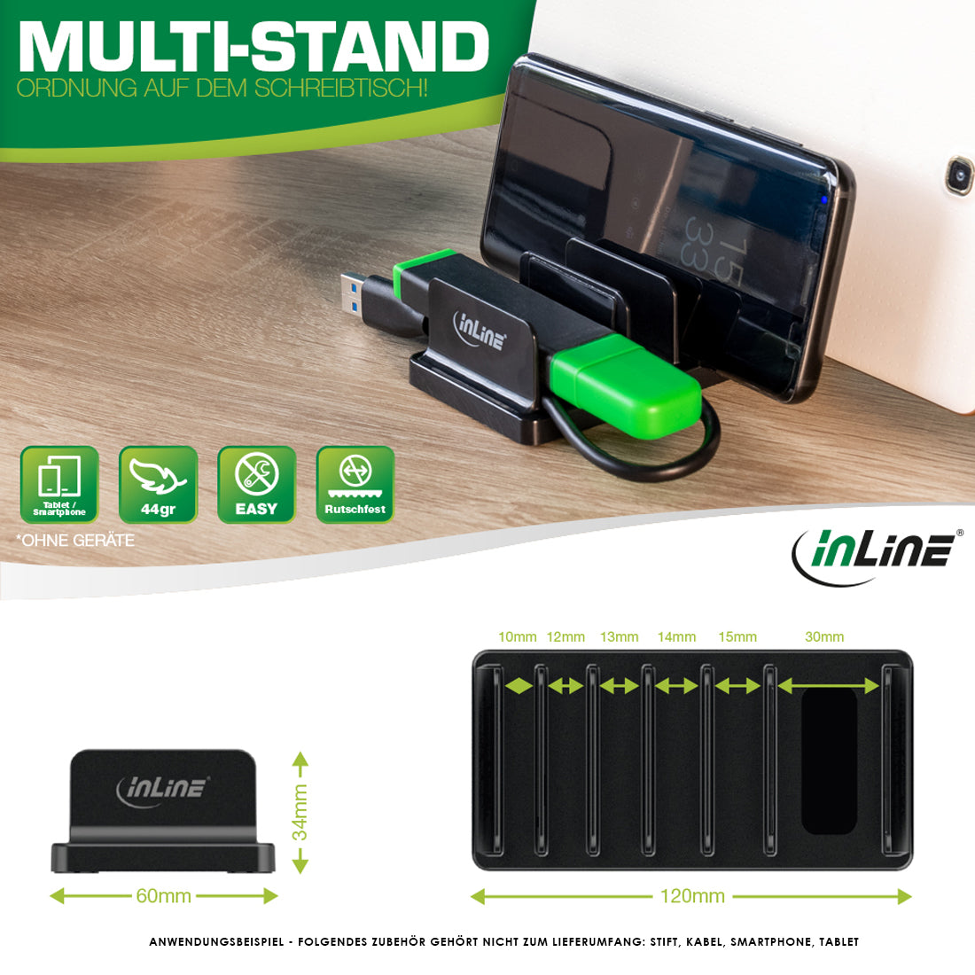 Universal Ständer mit Anwendungsbeispiel mit Handy, Stift und Kabel, Abmessungen werden mit angegeben.