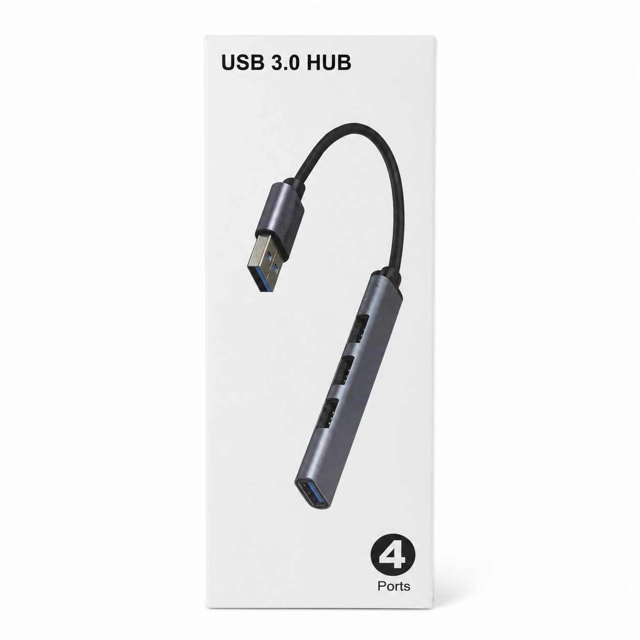 Verpackung des USB 3.0 Hub 4 Port mit USB-A Stecker und spacegrauem Adapter