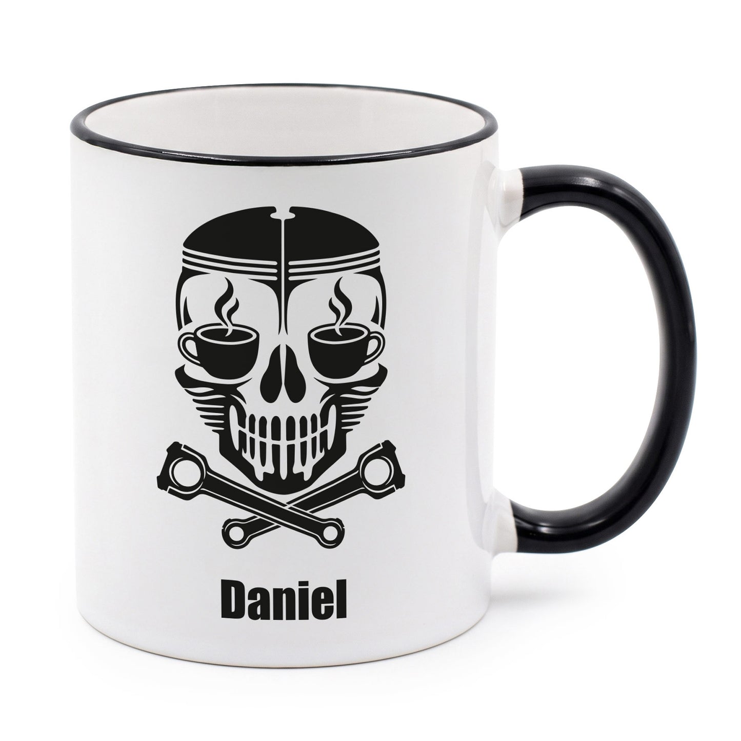 Personalisierte Tasse mit Kolben Totenkopf Motiv und Name Daniel