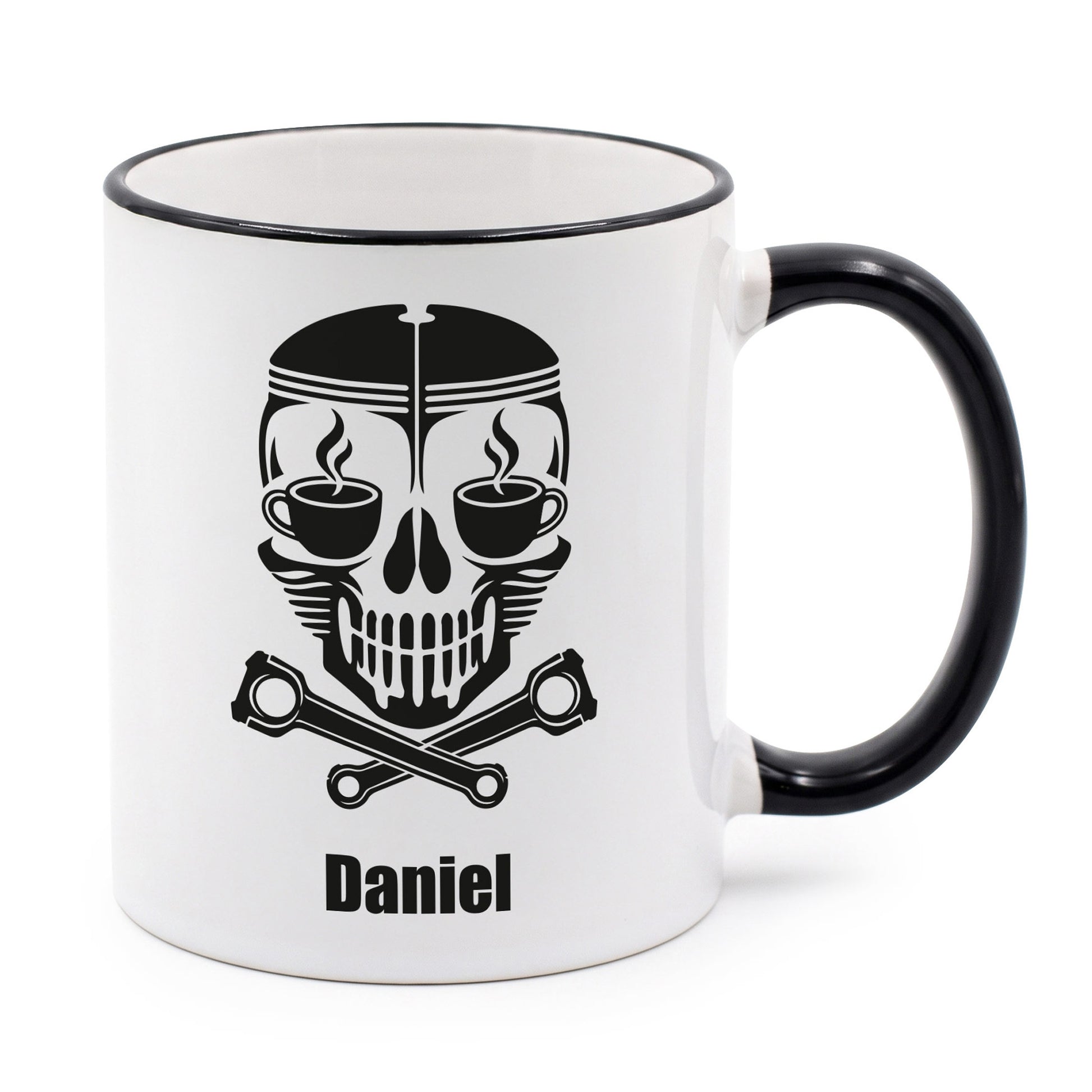 Personalisierte Tasse mit Kolben Totenkopf Motiv und Name Daniel
