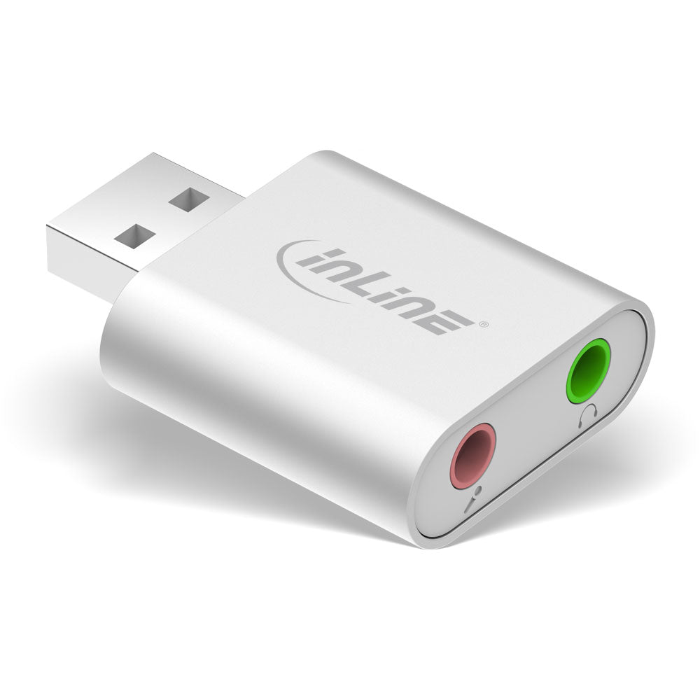 USB Audio Soundkarte auf weißem Hintergrund mit USB Stecker und 2 Klinkebuchsen