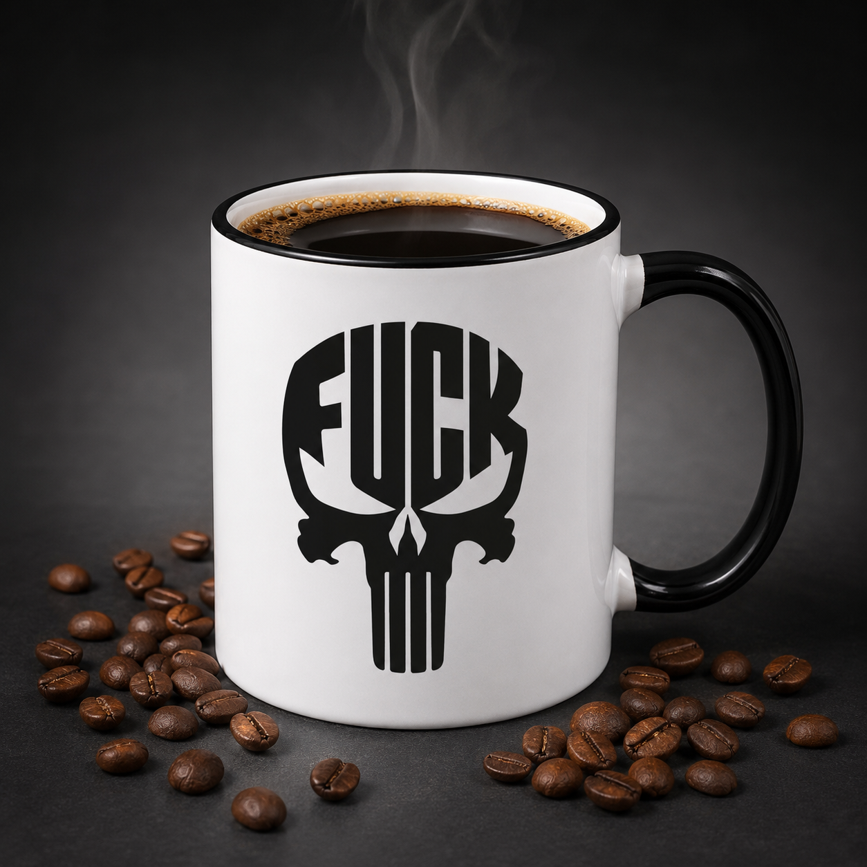 Kaffee Tasse mit FUCK Totenkopf Motiv | Schwarzer Humor Kaffeebecher "Skull" beidseitig bedruckt