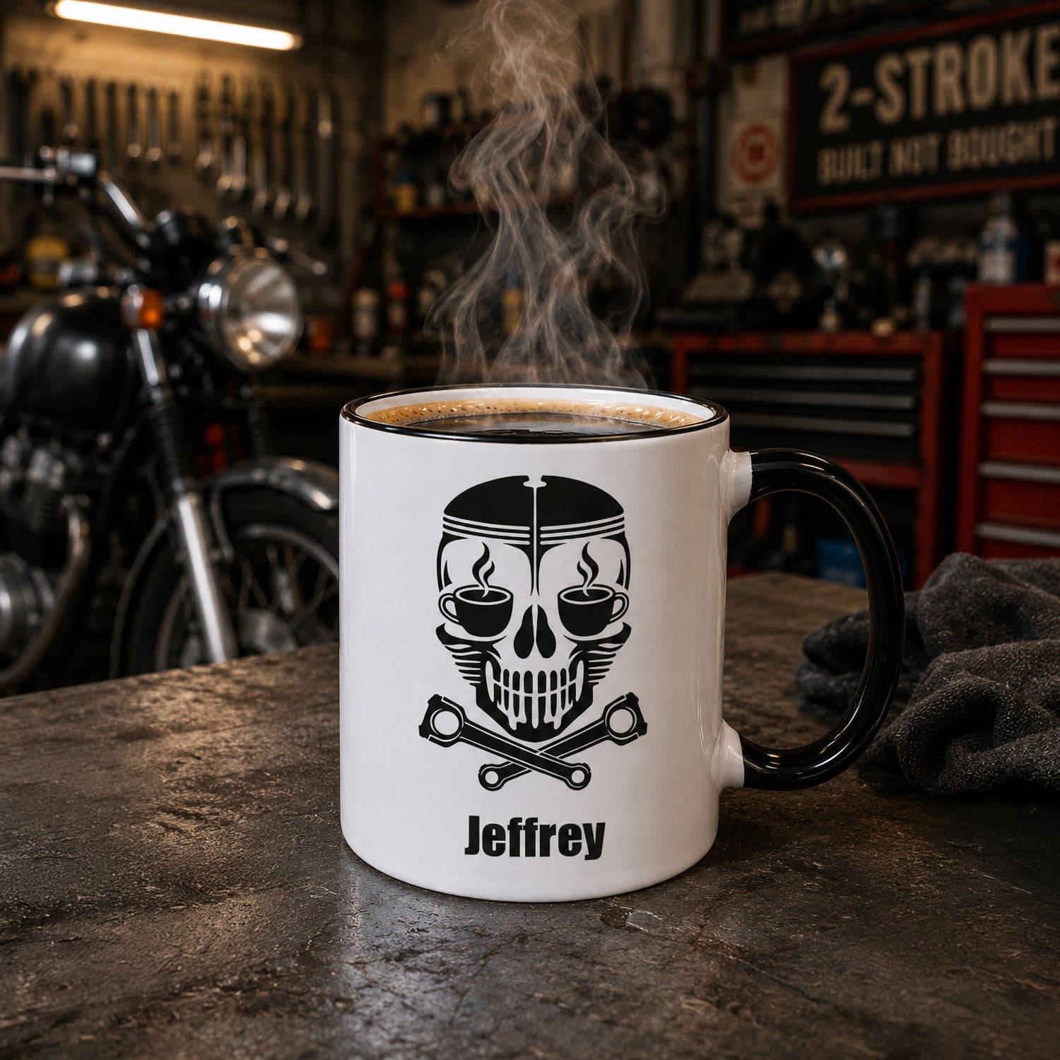 Personalisierte Schrauber Tasse mit Name Jeffrey in Werkstatt mit Motorrad