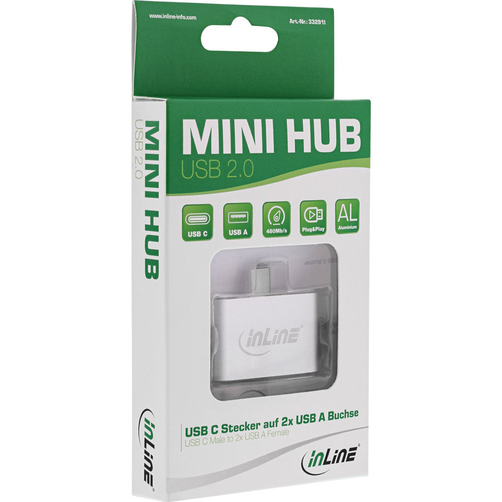 Mini USB Hub Wandler 1x Micro USB C zu 2x A Buchse Aluminium Silber Verteiler 91